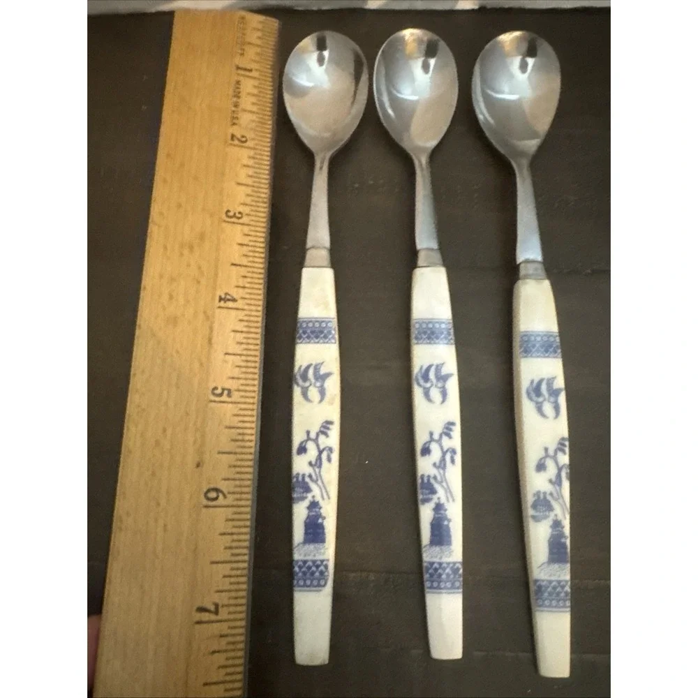 UNF2093 Vintage‎ Ice Tea Spoon Blue White Asian Theme Stainless Japan-3